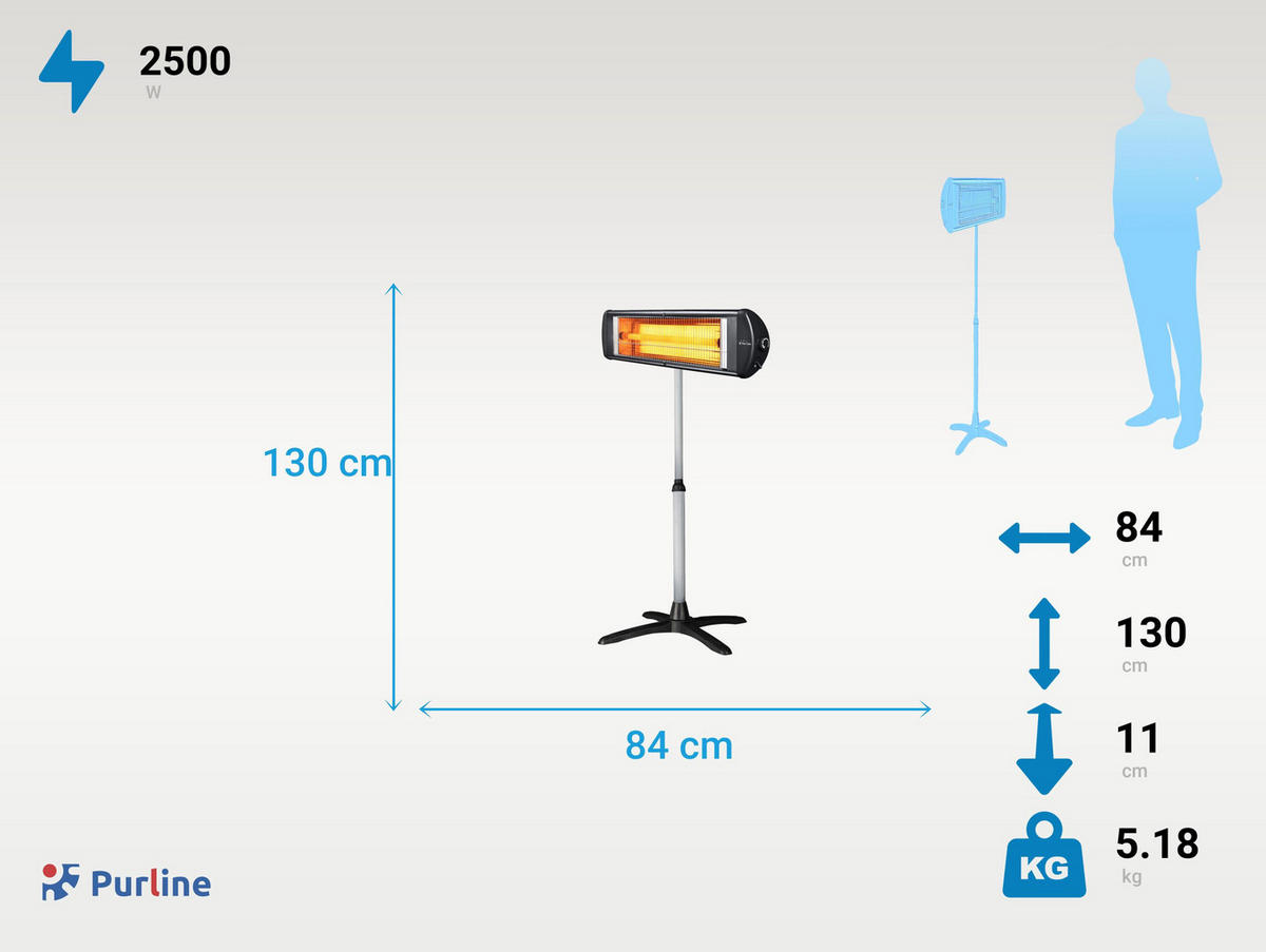 HALOGEN-HEIZUNG auf Standfuß Schwarz outdoortauglich und höhenverstellbar 2500 W - Schwarz, Kunststoff/Metall (84/130/11cm) - Purline