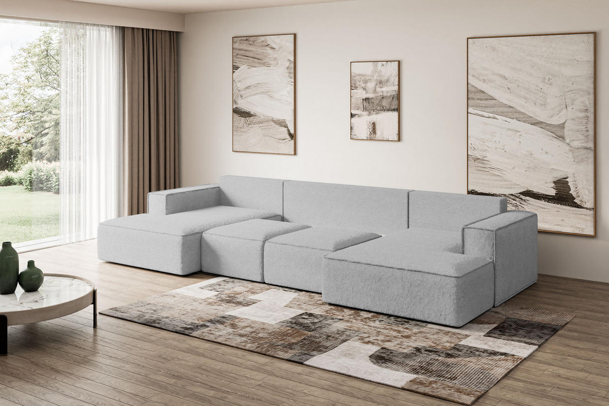 WOHNLANDSCHAFT mit Schlaffunktion und Bettkasten SIERRA-U-S - 349x161x87 cm Hellgrau Bouclé - Hellgrau/Schwarz, Holzwerkstoff/Kunststoff (349/87/161cm) - ALTDECOR