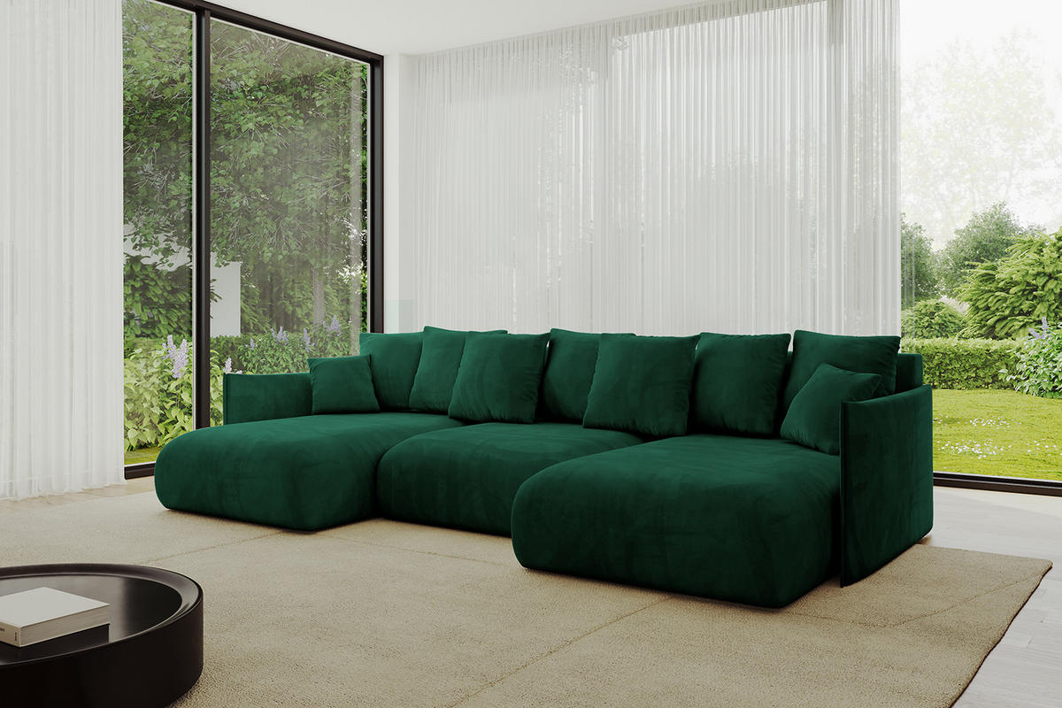 WOHNLANDSCHAFT mit Schlaffunktion und Bettkasten ONESK-U 317x177x72 Dunkelgrün Velours - Dunkelgrün, Holzwerkstoff/Kunststoff (317/72/177cm) - ALTDECOR