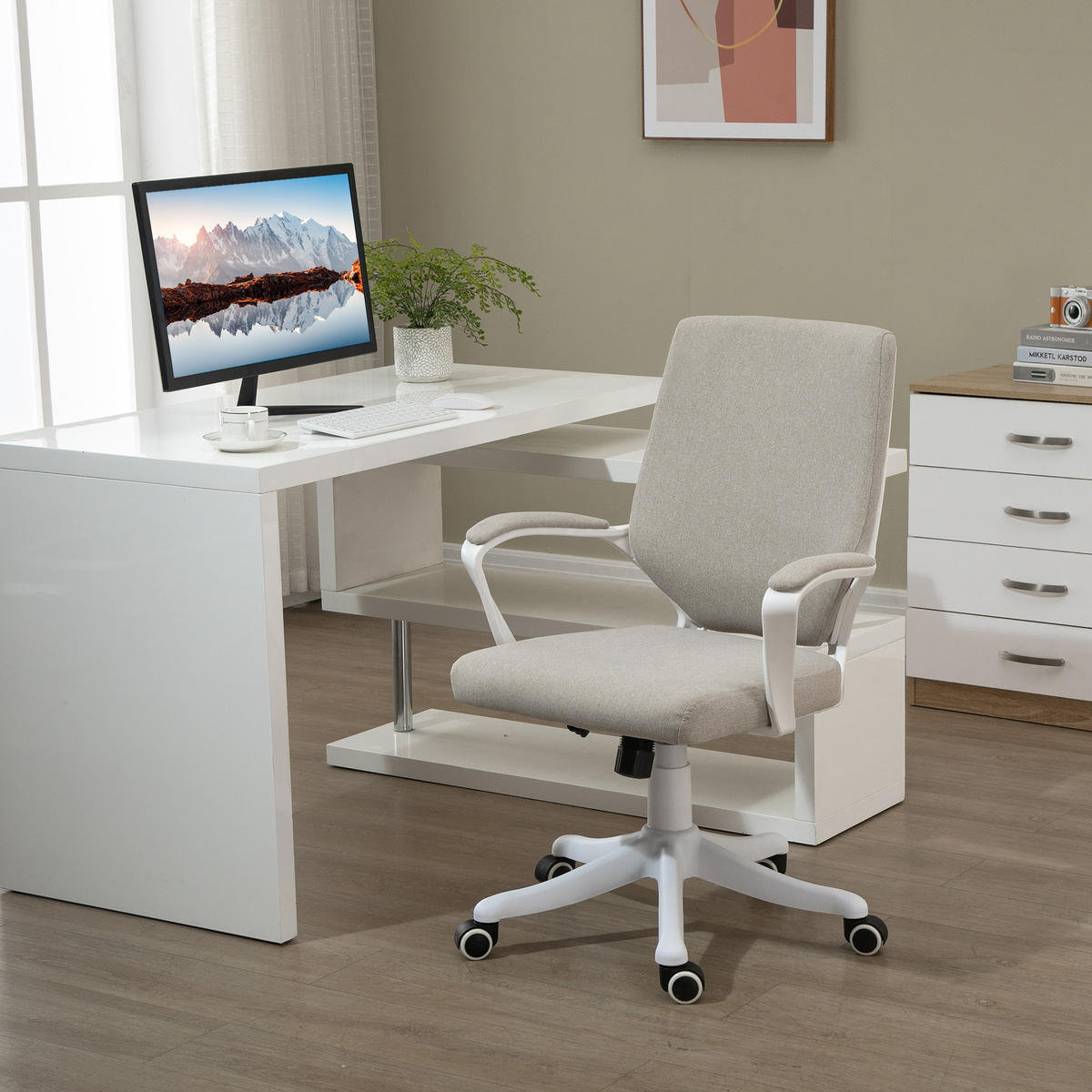 BÜROSTUHL Drehstuhl höhenverstellbarer dick gepolstert Polyester Beige+Weiß - Sandfarben, Kunststoff (69/100/62cm) - Vinsetto