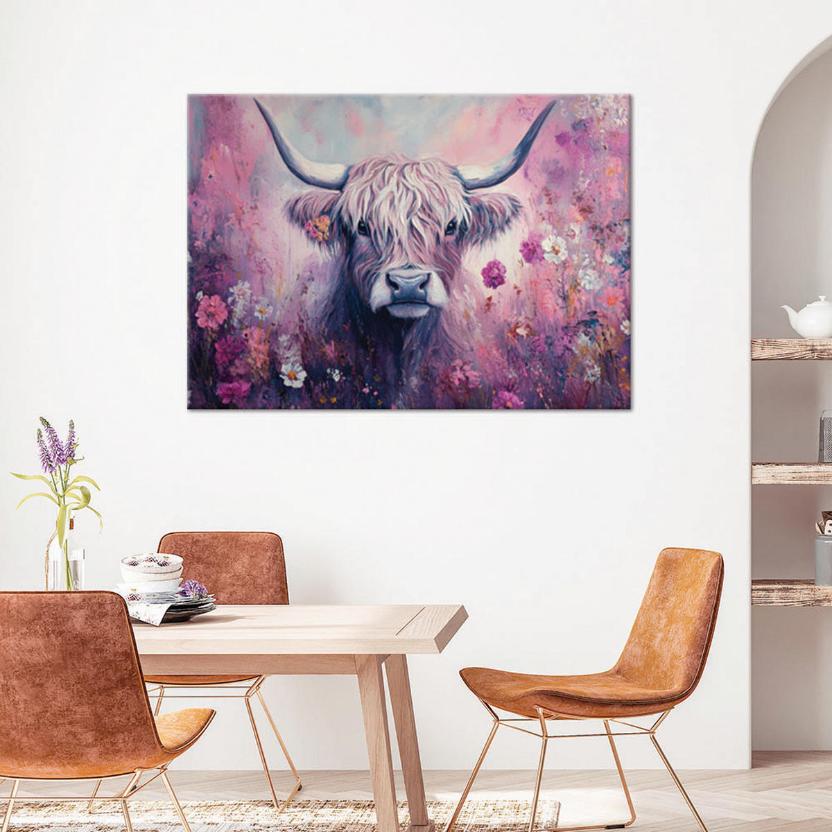 WANDBILD schottische kuh abstraktion rosa blumen - Pink, Textil (60/40cm) - Feeby