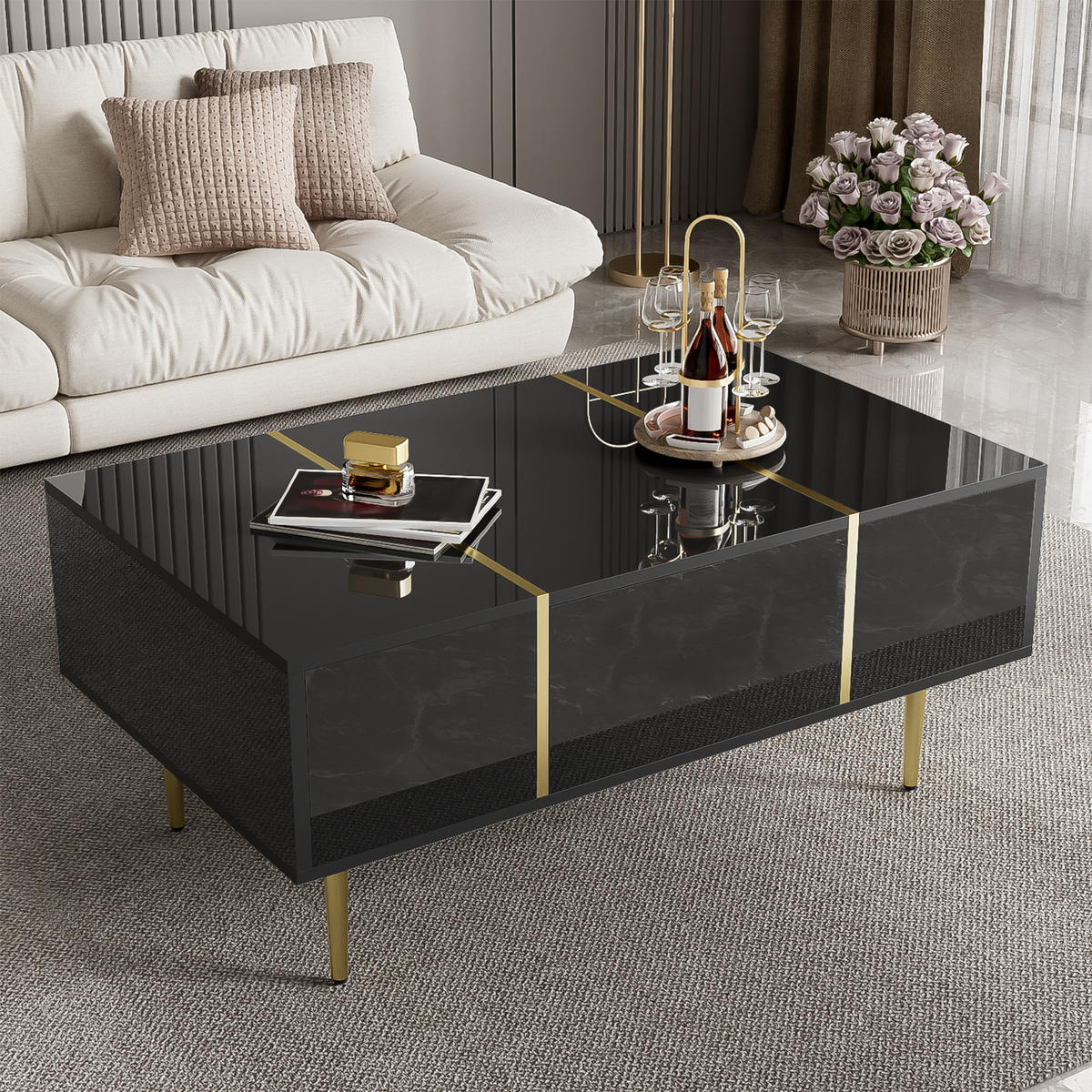 COUCHTISCH Schwarz Hochglanz - 100x60cm - 2 Schubladen - Schwarz, Holz (112.4/69.6/14.99cm) - Raelunyi