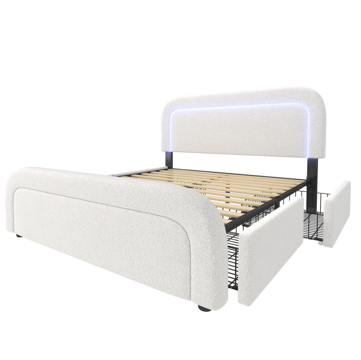 POLSTERBETT 140/200 cm aus Sherpa mit USB-C, LED-Beleuchtung und 4 Schubladen Weiß - Weiß, Fell (140/200cm) - Modenvie