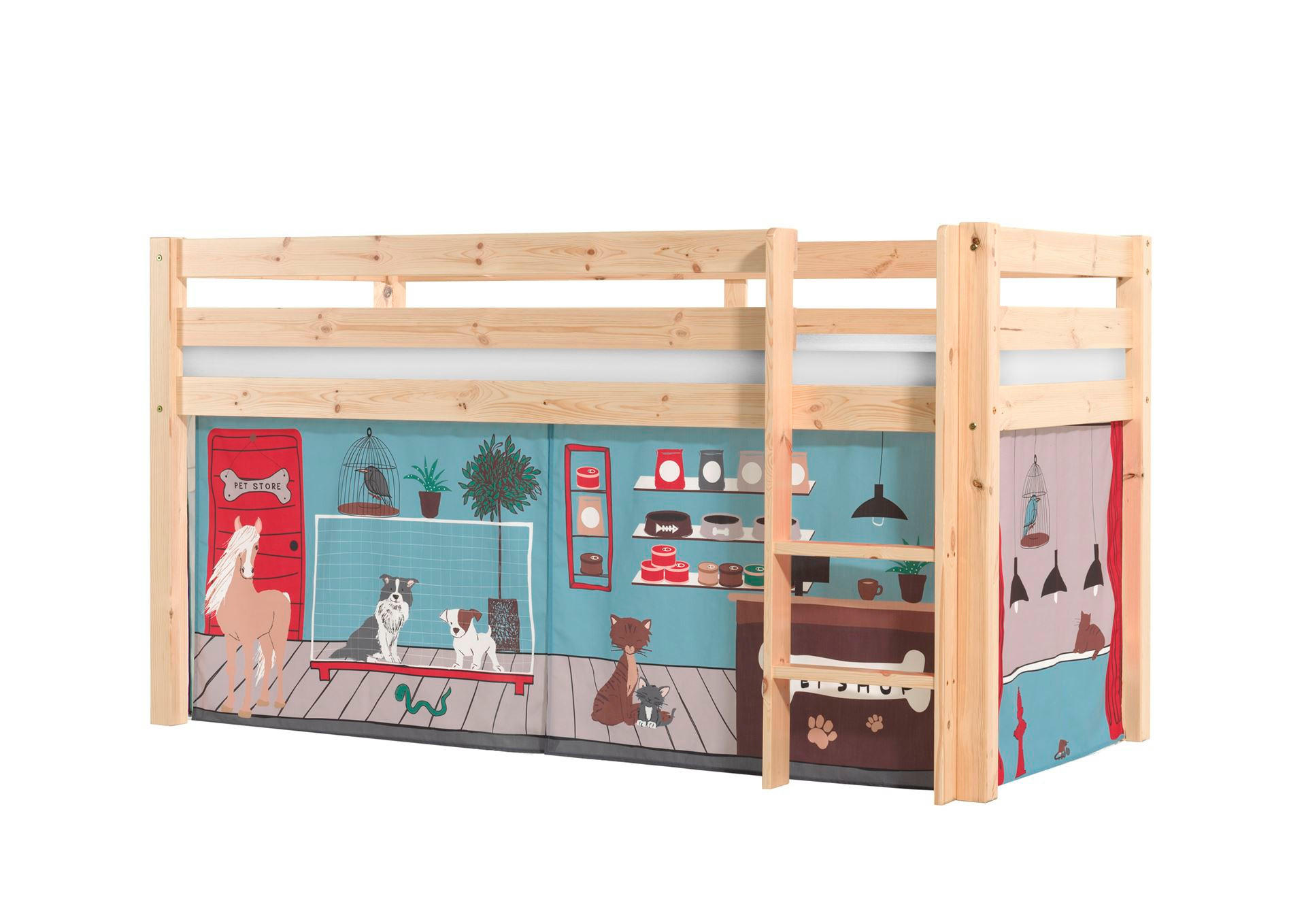 KINDERBETT Karolina 210x114x106 Massivholz Natur Textilset Pet Shop - Blaugrau/Kieferfarben, Holz (90/200cm) - 58aufmkessel