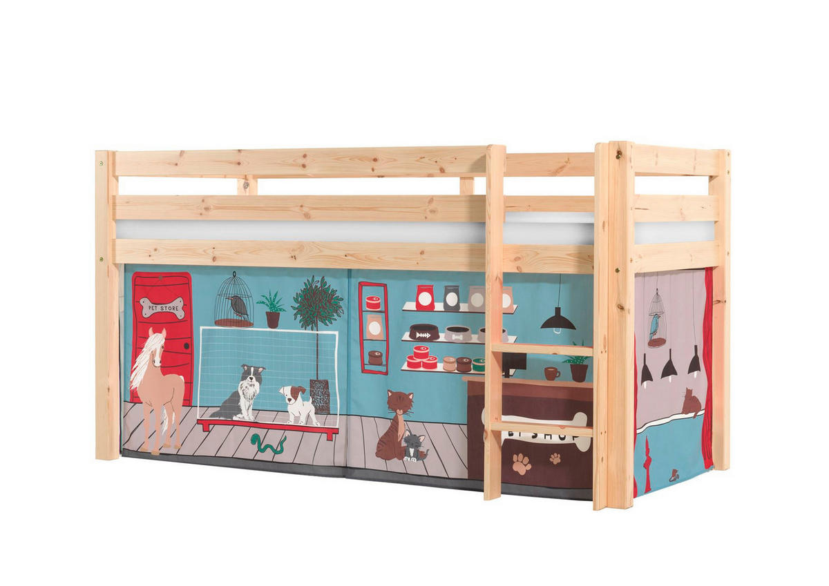 KINDERBETT Karolina 210x114x106 Massivholz Natur Textilset Pet Shop - Blaugrau/Kieferfarben, Holz (90/200cm) - 58aufmkessel