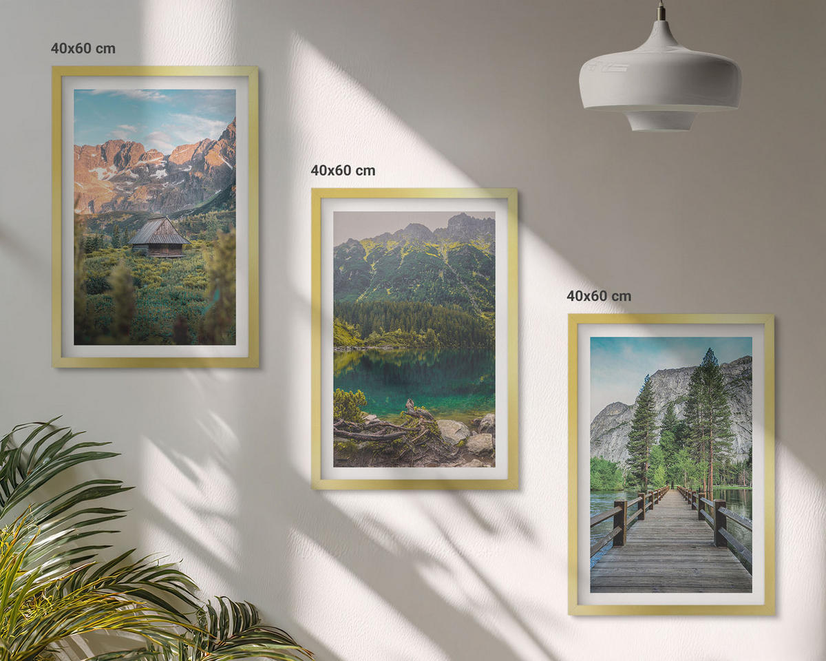 BILDER SET 3er Set - 40x60 cm Goldrahmen - Berglandschaft See Brücke - Goldfarben, Kunststoff (40/60cm) - TULUP