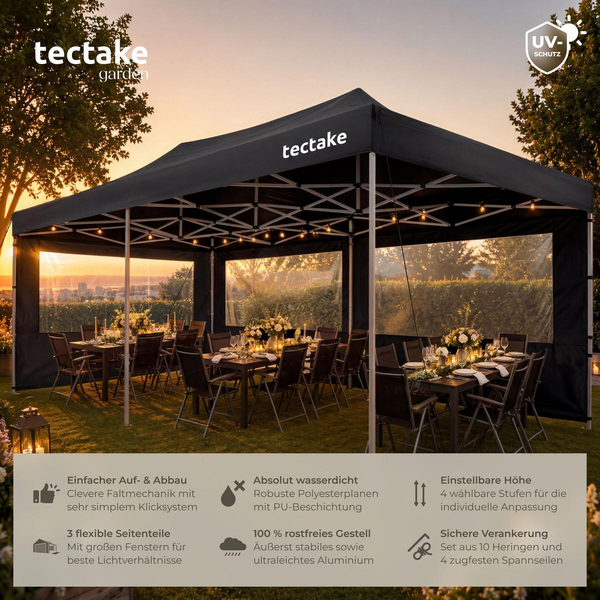 FALTPAVILLON aus Aluminium Viola, inklusive Spannseilen, Heringen und Tragetasche, schwarz - Schwarz, Kunststoff (300/316/600cm) - tectake