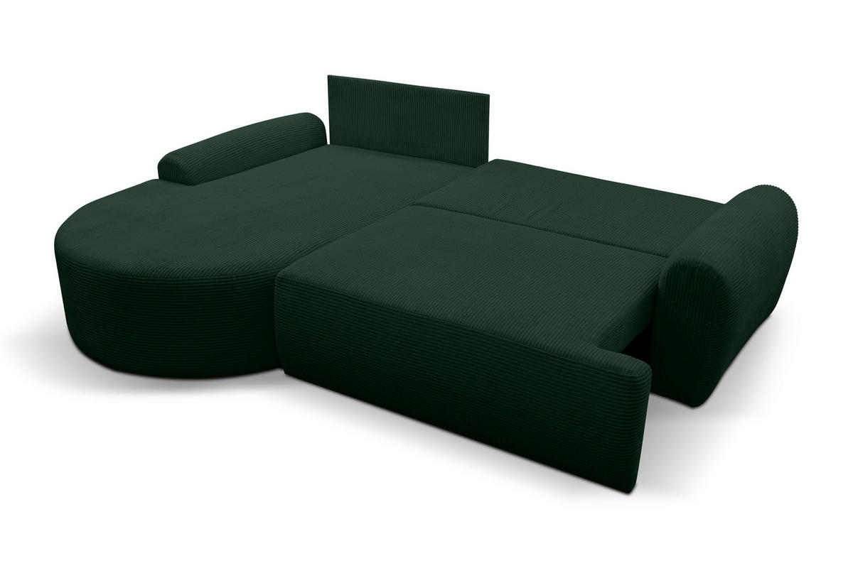ECKSOFA Dream Cord in L-Form mit Schlaffunktion und Bettkasten, Farbe: Grün, Cordstoff, Ottomane Links - Grün, Textil (136/260cm) - VENASI MÖBEL