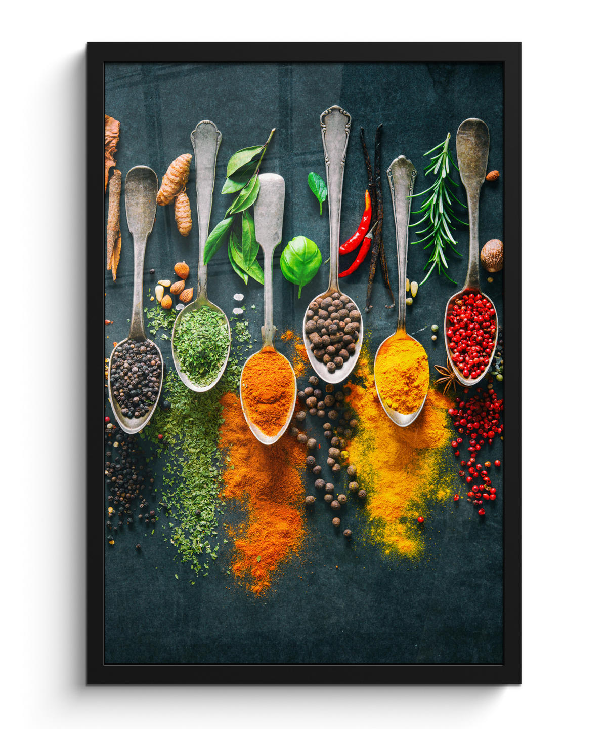 GERAHMTES BILD Kräuter - Gewürze - Löffel 40x60 cm - Currygelb, Papier (40/60cm) - MuchoWow