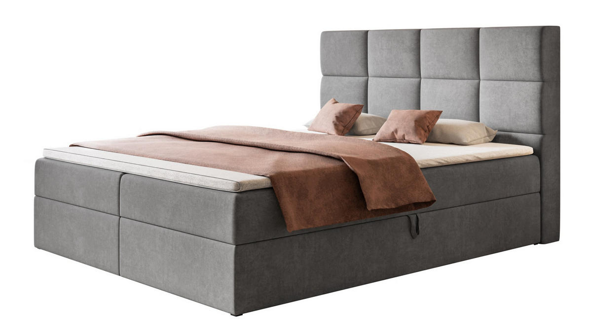 BOXBETT ROMA mit 2 Bettkästen, 180x200, Farbe: Grau, Velourstoff, Doppelbett mit Bonell-Matratze - Grau, Holz/Kunststoff (180/200cm) - Alpi-Möbel