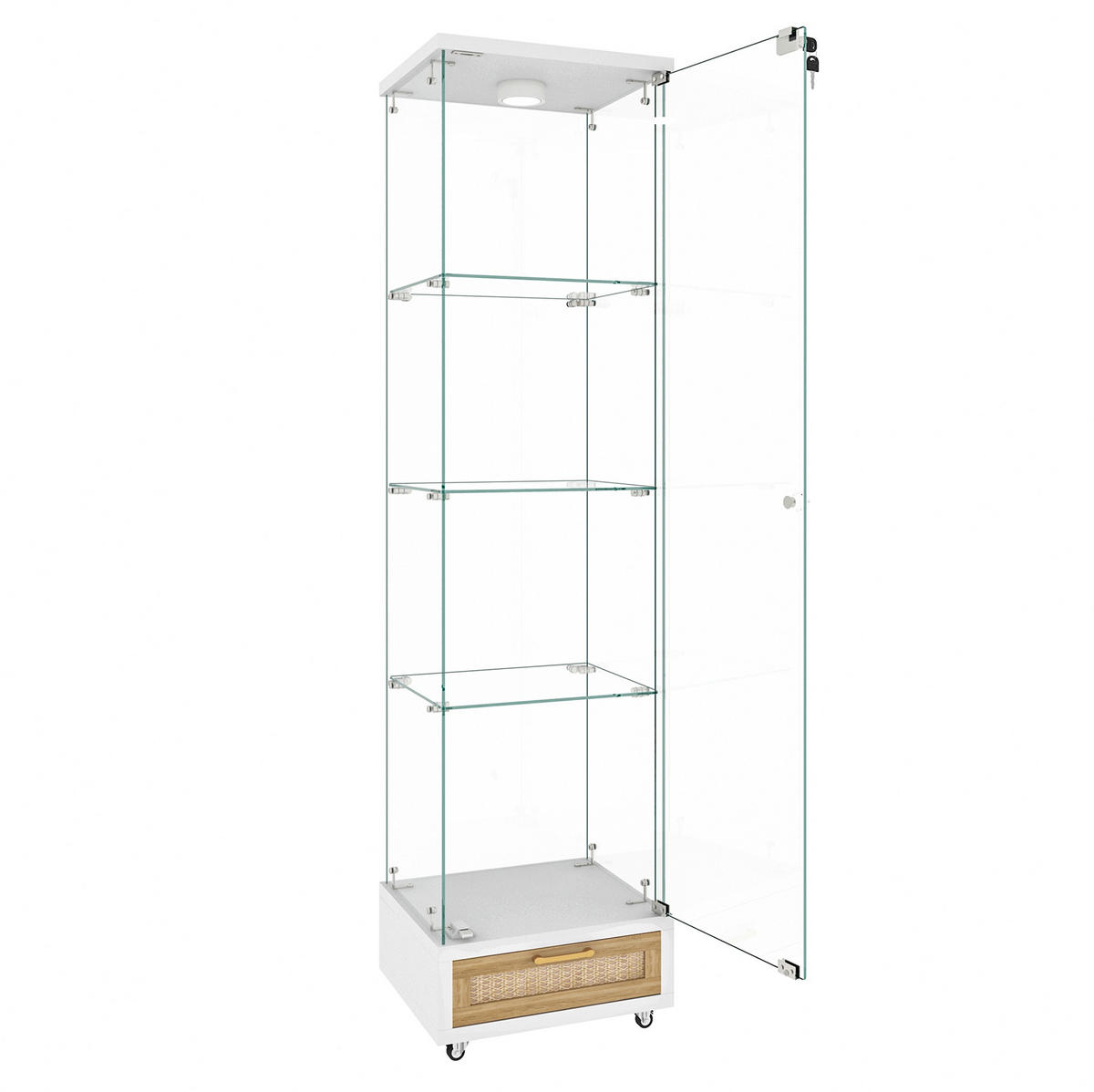 VITRINE 36,5/42,5/167 cm mit LED-Beleuchtung, 4 Ebenen und Rollen, Weiß - Weiß, Holzwerkstoff (42.5/167/36.5cm) - Redom