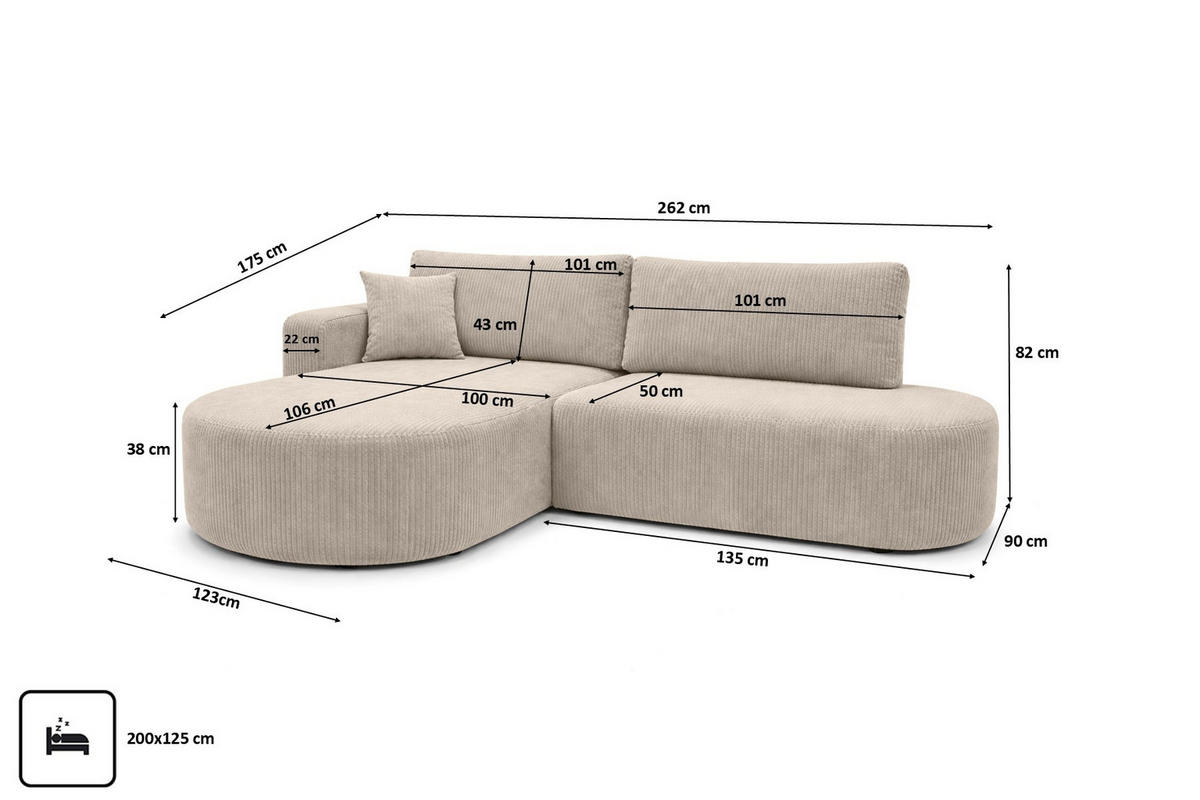 ECKSOFA Mit Schlaffunktion Und Bettkasten, Cordstoff Poso, Dunkelbeige, Links, ROUND ONE OPEN XL - Beige, Holz (262/175cm) - Kaiser Möbel