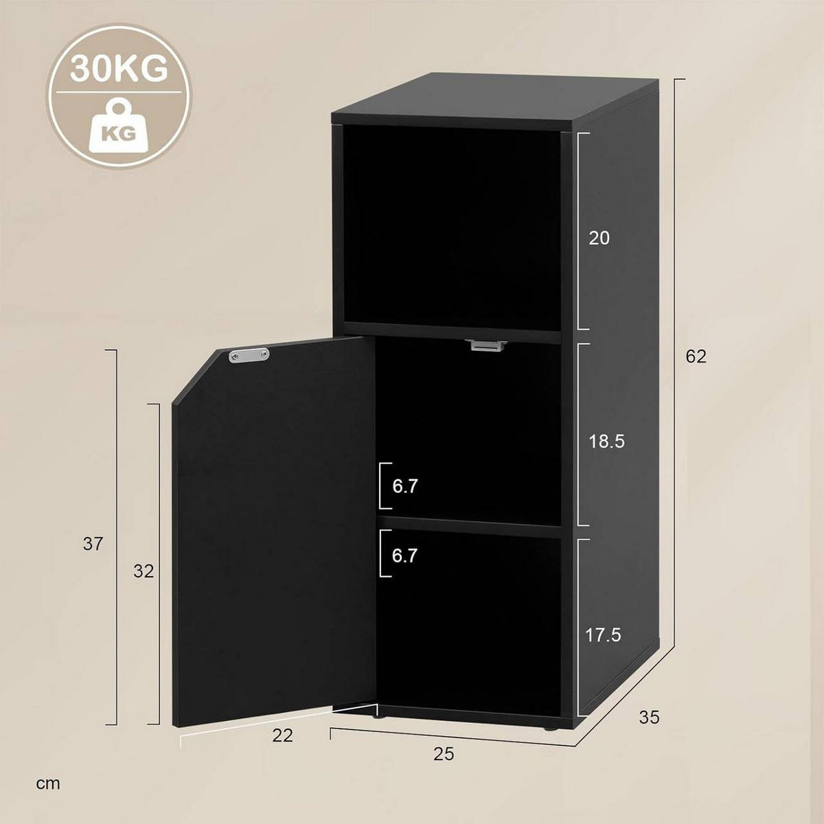 NACHTTISCH 2er Set schmal, mit offenem Fach und Tür, Schwarz - Schwarz, Holzwerkstoff (25/62/35cm) - Woltu