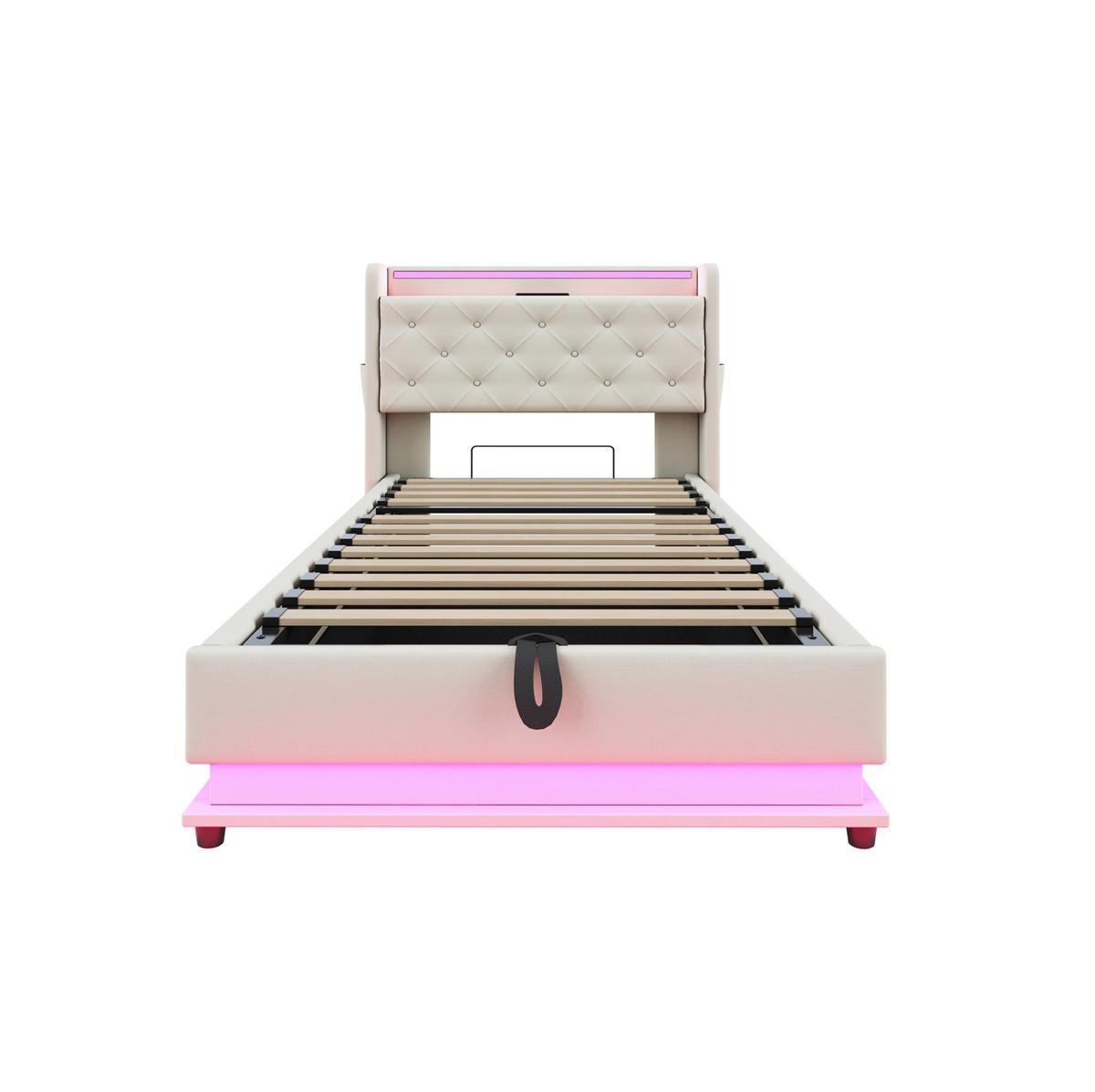 KINDERBETT 90/200 cm in Beige mit LED, USB und hydraulischem Stauraum - Beige, Textil (90/200cm) - BEAOK