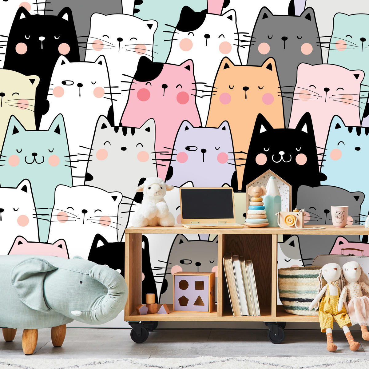 FOTOTAPETE für Kinderzimmer Bunte Katzen Cartoon Abstraktion 250x175 - Blau/Gelb, Papier (250/175cm) - Muralo