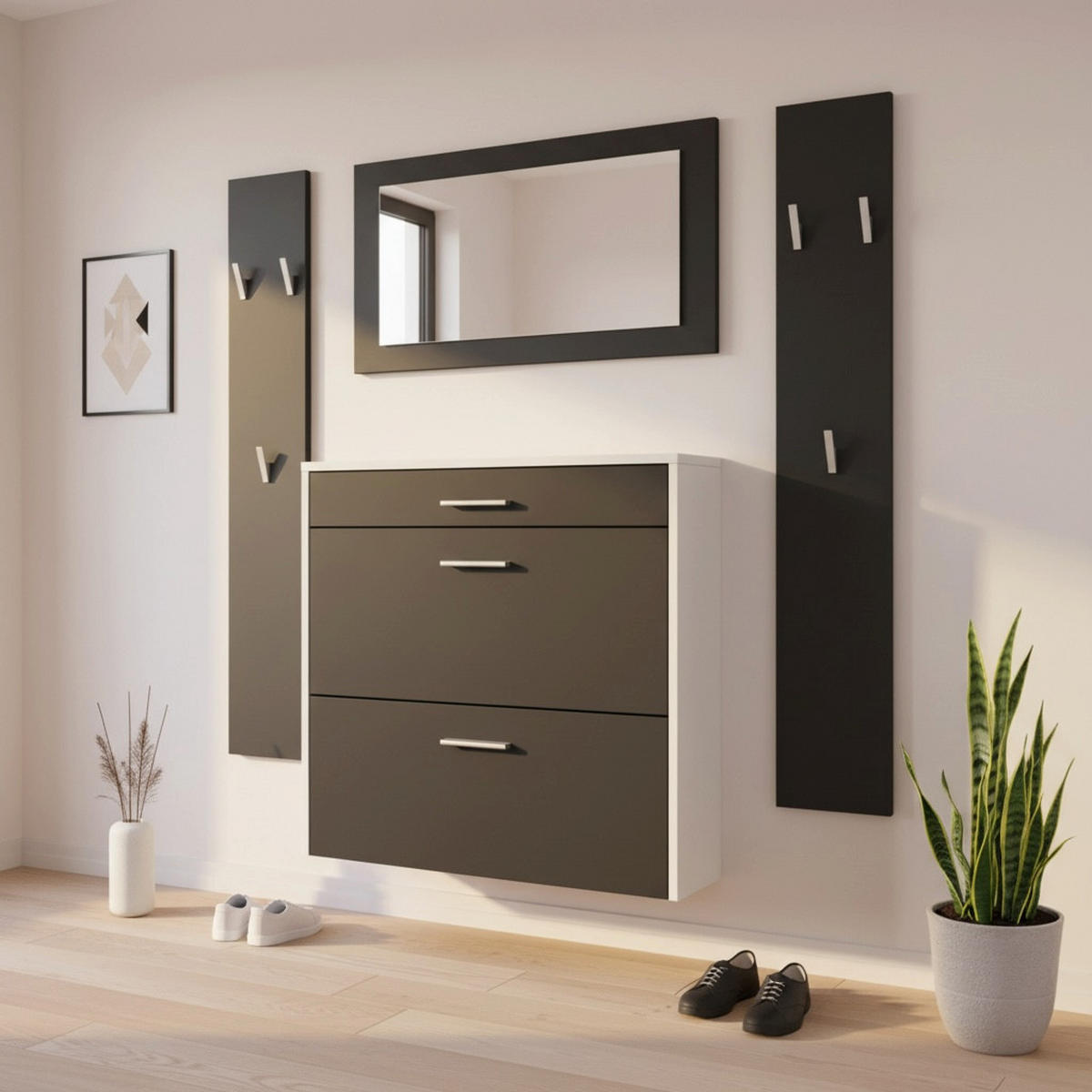 GARDEROBEN-SET Roma Air 4-teilig, Moderne Flurgarderoben Set mit Schuschrank, 2 Wandpaneele und Wandspiegel, Weiß matt/Schwarz Matt - Schwarz, Holzwerkstoff (190/200/23cm) - InnoFurn