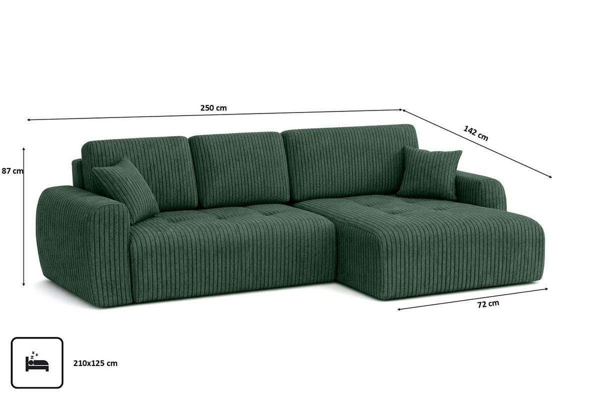 ECKSOFA Mit Schlaffunktion Und Bettkasten L-Form Ivo L, Cordstoff Poso, Grün, Rechts - Grün, Holz (250/142cm) - Kaiser Möbel
