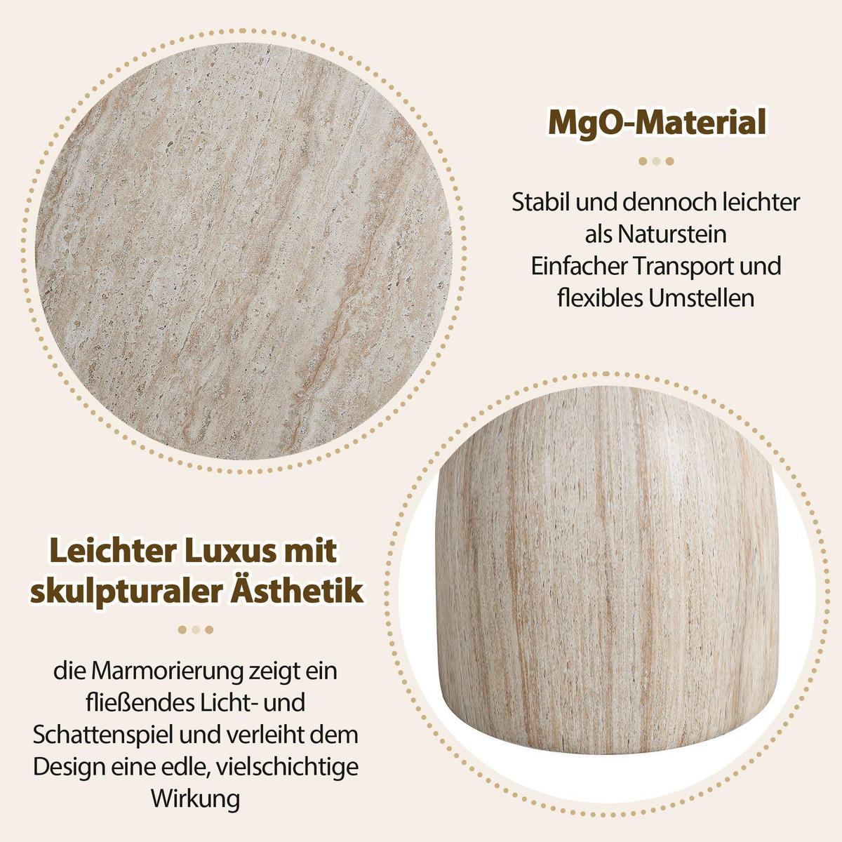 BEISTELLTISCH in Travertinoptik,aus MgO - Beige, Naturmaterialien (45/45/52.5cm) - KOMHTOM