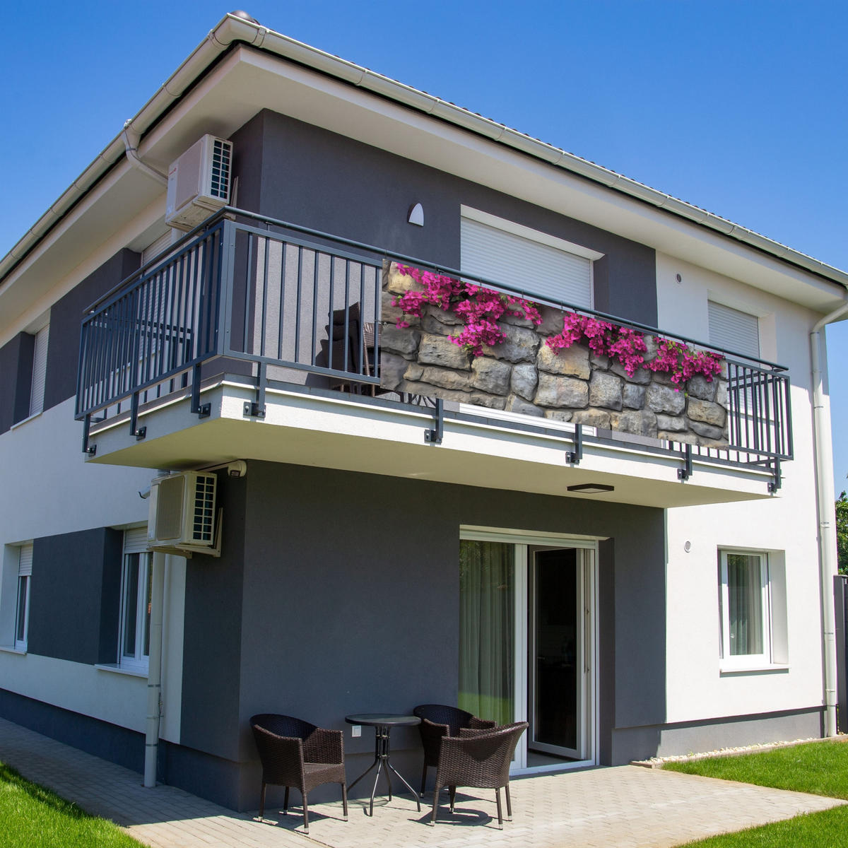 BALKON-SICHTSCHUTZ Bougainvillea - Steinmauer - Rosa - Magenta, Kunststoff (300/90cm) - MuchoWow