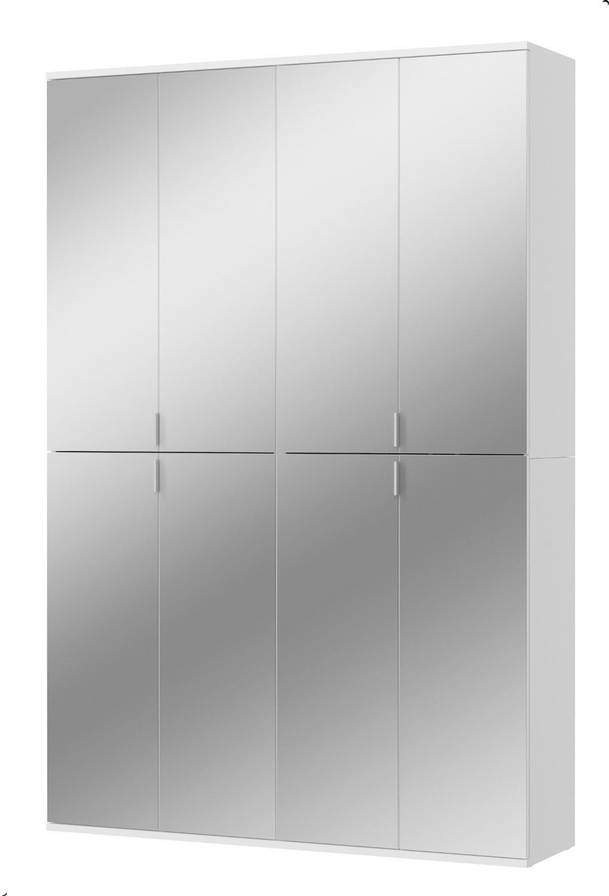 SCHUHSCHRANK weiß 122 cm, Garderobe 8 Türen mit Spiegel, Garderobenmöbel - Weiß Hochglanz/Silberfarben, Holzwerkstoff/Kunststoff (122/193/34cm) - Inn.Furn