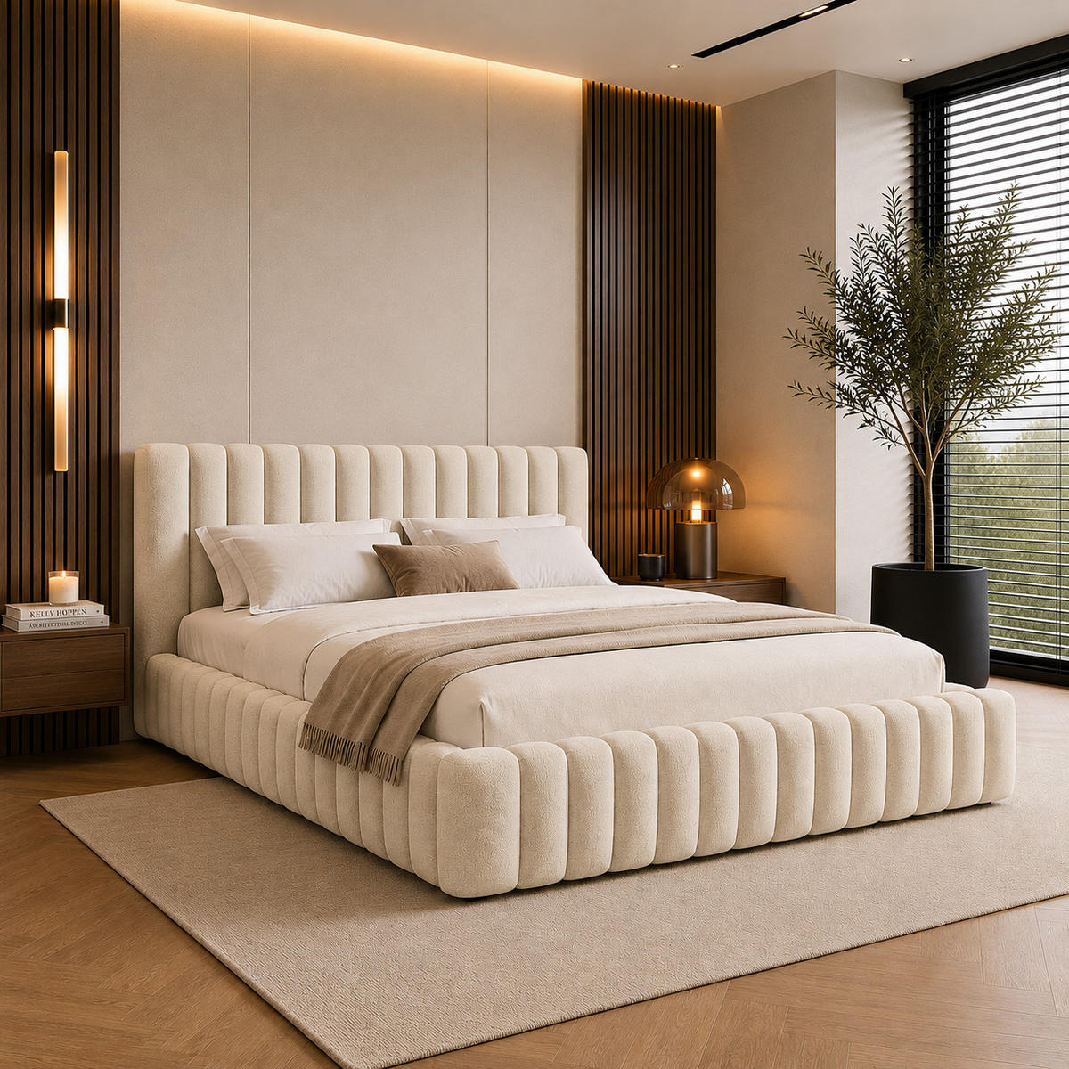 POLSTERBETT BLIVIO 180x200 cm,mit Bettkasten,Lattenrost,Doppelbett,Boxspringbett-Optik-Creme - Creme, Holz (180/200cm) - Furnistar