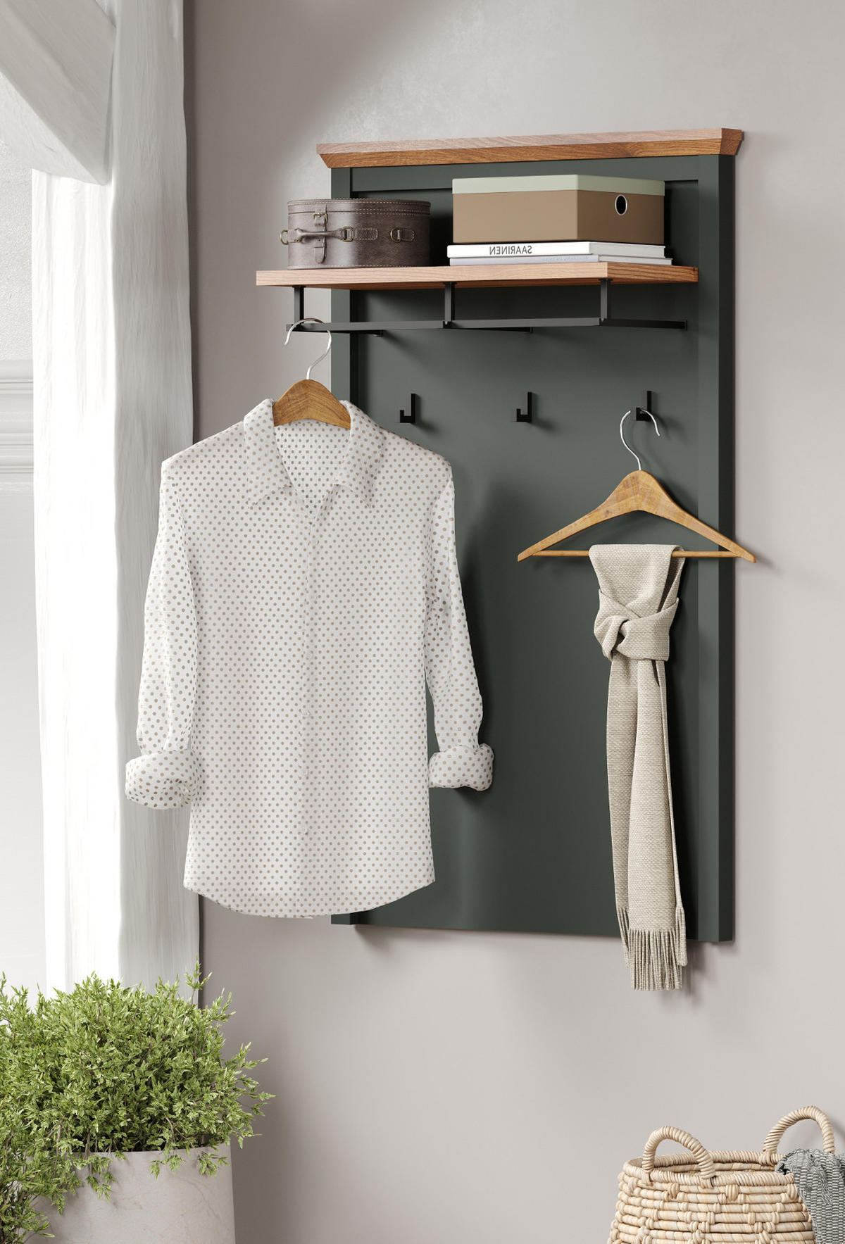 GARDEROBENPANEEL grün, Evoke Eiche 77 x 123 cm, Wandgarderobe im Landhaus-Stil - Eichefarben/Grün, Holzwerkstoff (28/123/77cm) - Top.Furn