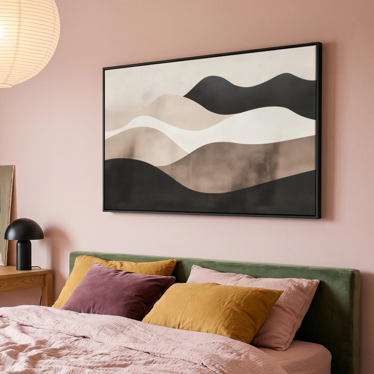 LEINWAND Bilder mit Rahmen - Abstrakt - Landschaft - Wellen - Cremefarben - 120x80 - Cappuccino, Textil (120/80cm) - MuchoWow