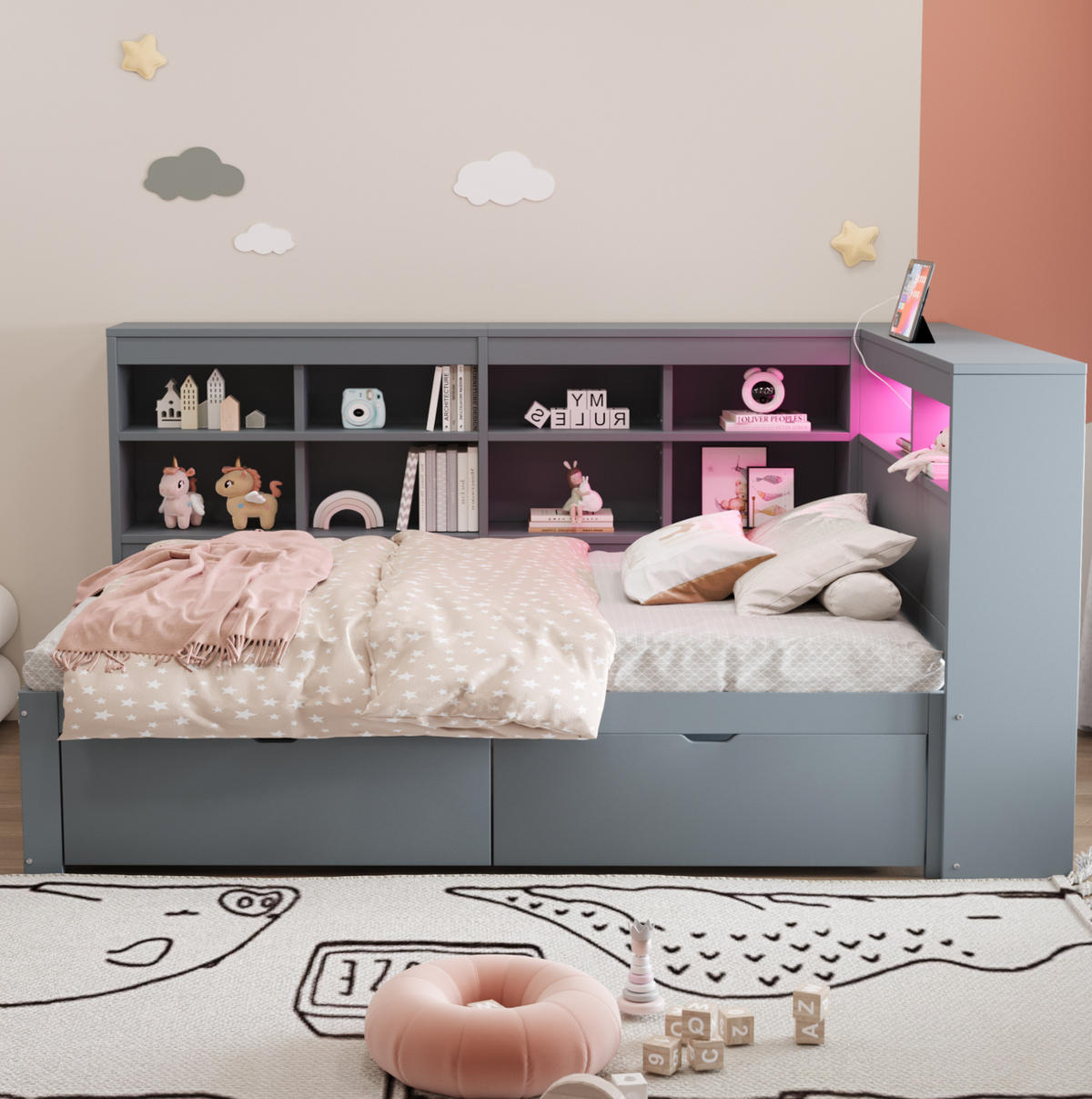 BETT 90/200 cm Grau aus Holz mit Stauraum, USB und LED - Grau, Holzwerkstoff (90/200cm) - OKMYHOME