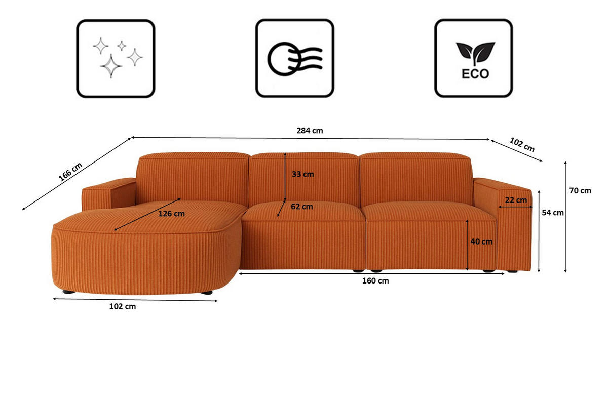 ECKSOFA Cursal Round L-Form, Stoff Poso, Kupfer, Links - Orange, Holz (284/166cm) - Kaiser Möbel
