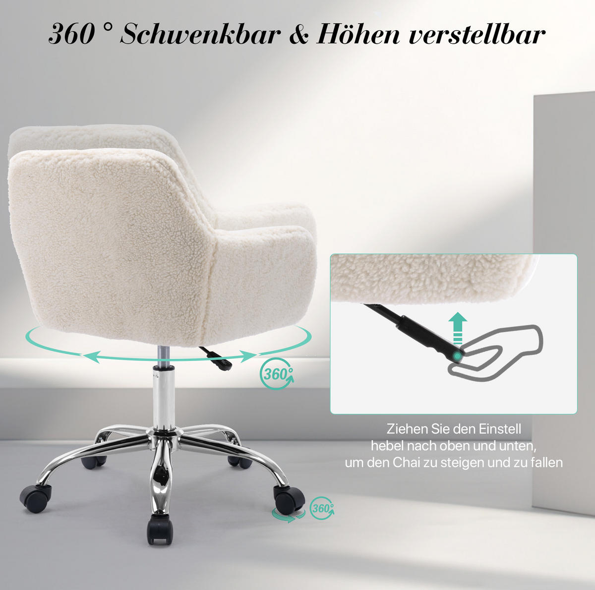 BÜROSTUHL in Weiß 53x53x55 cm mit Kunstfellbezug, höhenverstellbar und drehbar - Weiß, Kunststoff (53/55/53cm) - IVMEU