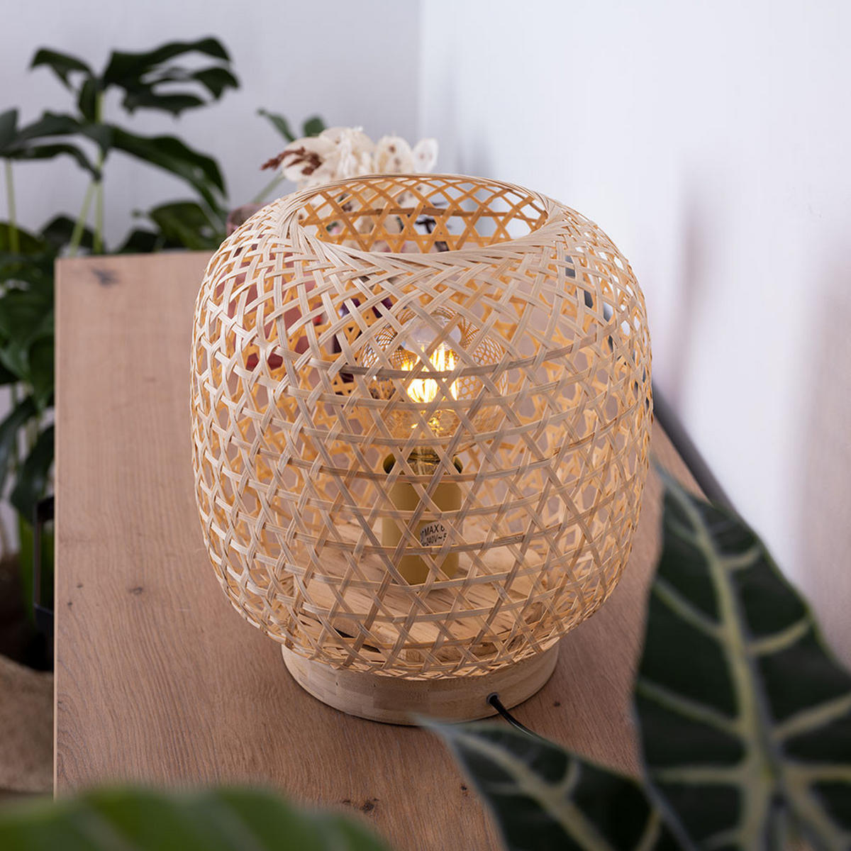 LED TISCHLEUCHTE Bambus Geflecht Braun - Braun, Holz (23.5/23.5/27cm) - Globo Lighting