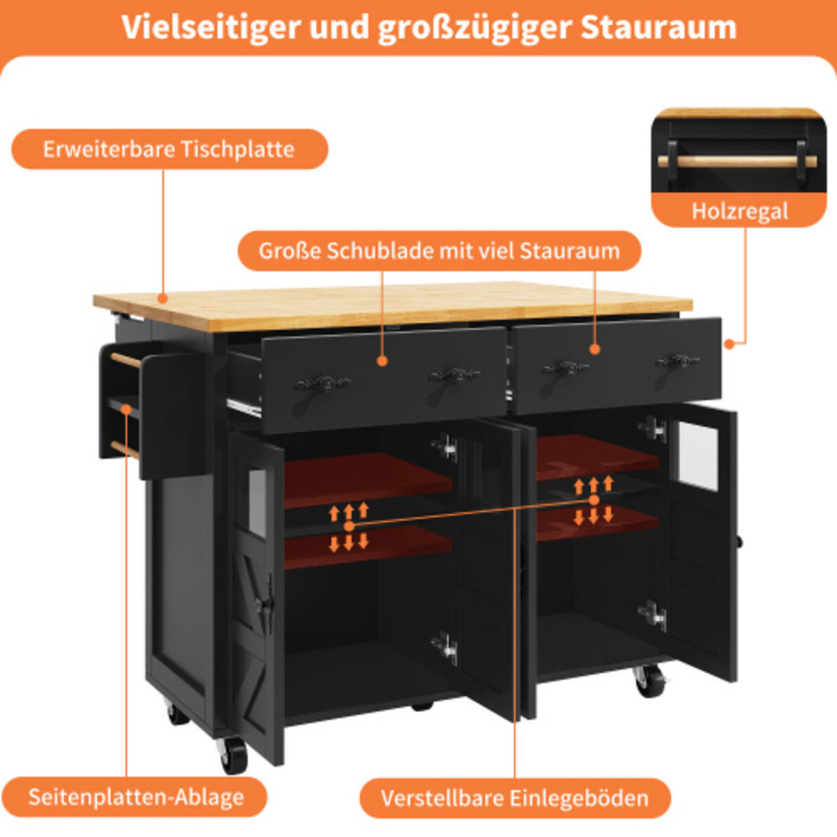 SERVIERWAGEN 140x45-73x93,5 cm aus MDF und Metall mit ausziehbarer Tischplatte, Schubladen, schwarz - Schwarz, Holzwerkstoff (140/93.5/73cm) - Luhomfu