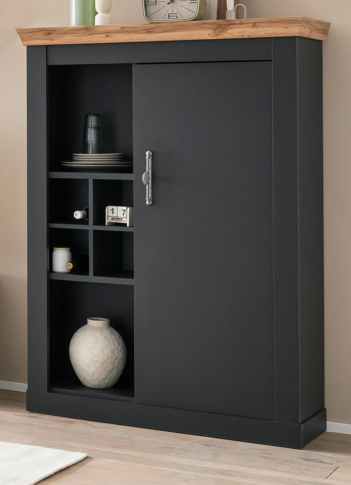KOMMODE grau, Eiche Wotan, Landhaus 107 cm, Highboard mit Soft-Close - Silberfarben/Eiche Wotan, Holzwerkstoff/Kunststoff (107/146/38cm) - Furn.Design