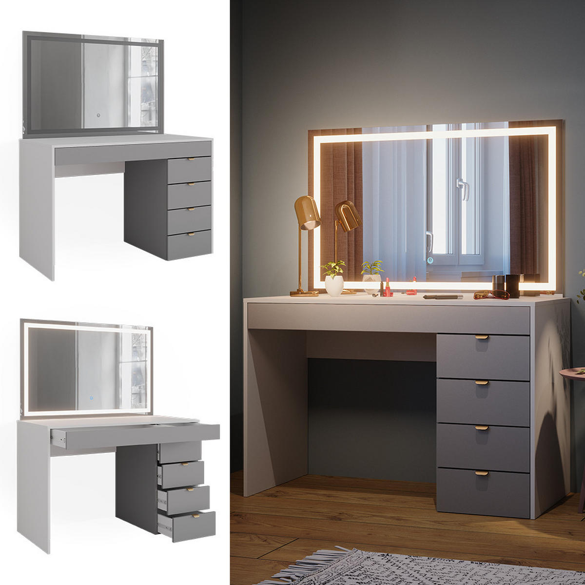 SCHMINKTISCH Elise Weiß/Grau/Grau 115 cm mit LED-Spiegel - Weiß/Grau, Holzwerkstoff (115/76/55cm) - Vicco