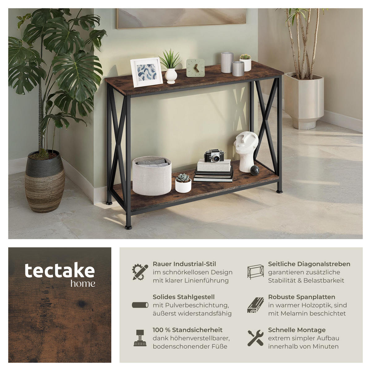 KONSOLENTISCH Tacoma,100 x 35 x 80,5 cm,Industrial Holz dunkel, rustikal - Rostfarben, Holzwerkstoff (100/35/80.5cm) - tectake