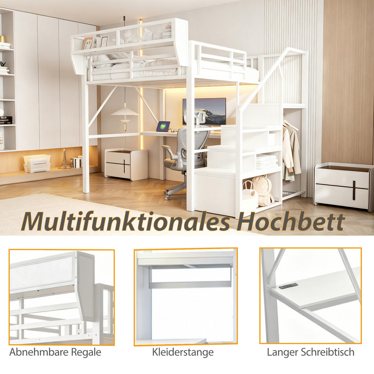 HOCHBETT 140/200 cm in Weiß mit LED, Schreibtisch, Sicherheitsleiter und Regal aus Metall - Schwarz/Weiß, Metall (140/200cm) - STILVORA