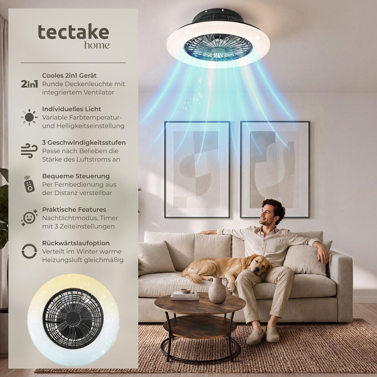 LED DECKENLEUCHTE MIT VENTILATOR Storm, Ø 50 cm, mit Fernbedienung, schwarz - Schwarz, Metall (50/50/17.5cm) - tectake