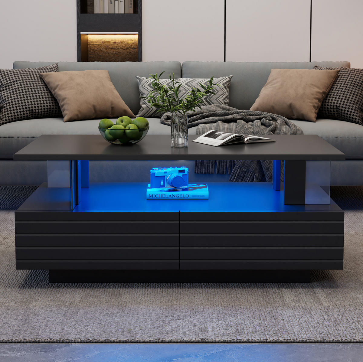 COUCHTISCH mit LED und Stauraum 100 x 50 cm Acryl Schwarz - Schwarz, Holz (100/50/42cm) - Meubliv