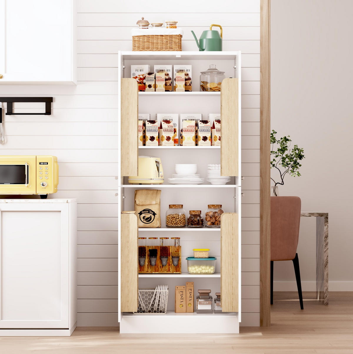 BUFFETSCHRANK 76/42/180 cm mit 4 Türen, höhenverstellbaren Böden und Metallgriffen aus MDF, Weiß Hochglanz - Weiß, Holzwerkstoff (42/180/76cm) - Redom