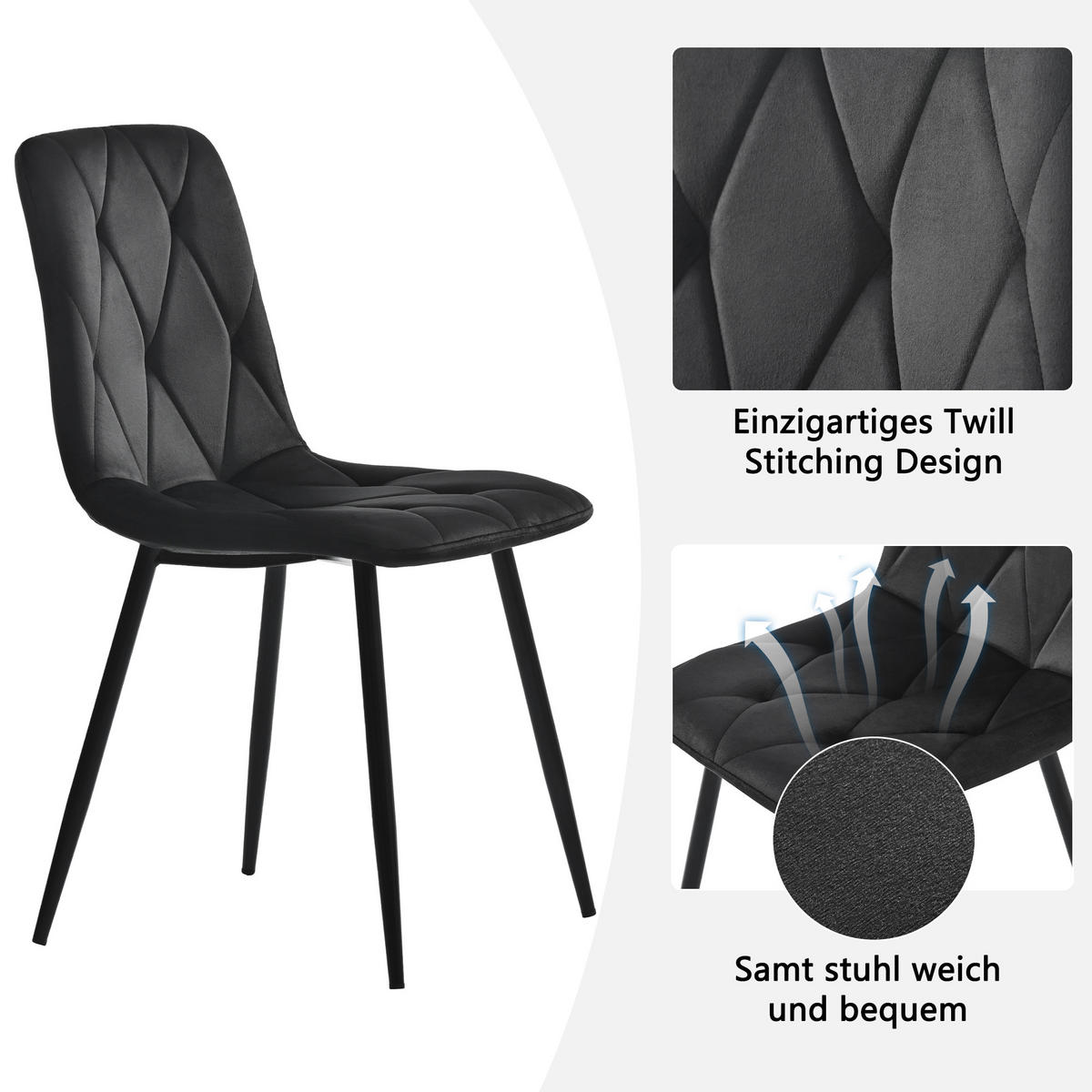 ESSTISCHSET 5-Teilig Sechseckig Marmor, 4 Schwarze Samtstühle - Schwarz, Metall (115.5/75/100cm) - FLIEKS