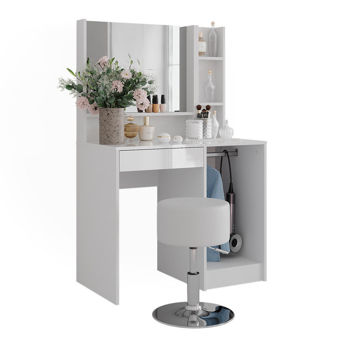 SCHMINKTISCH Sherry Weiß/Weiß Hochglanz 89.8 cm 4 Teile - Weiß Hochglanz, Holzwerkstoff (50.1cm) - Vicco