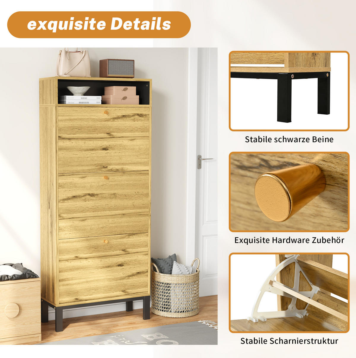 SCHUHSCHRANK 63/24/147 cm aus MDF mit 3 Klappen und offenen Fächern, platzsparend in natürlicher Holzoptik, Natur - Naturfarben, Holzwerkstoff (63/147/24cm) - Redom