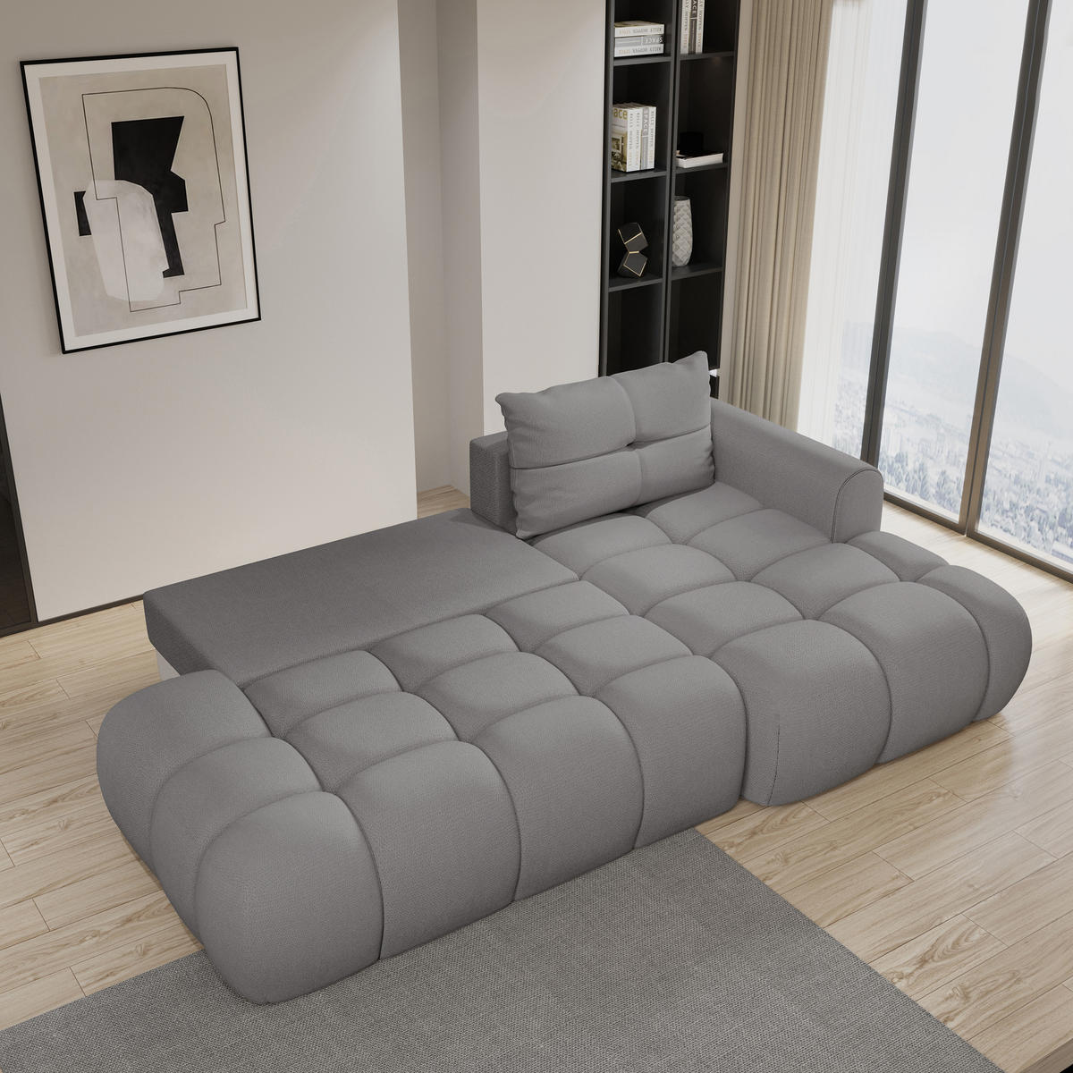 ECKSOFA FLUMA R-S Grau Geflochtener Stoff mit Schlaffunktion - Grau, Holz (274/165cm) - MASSENO