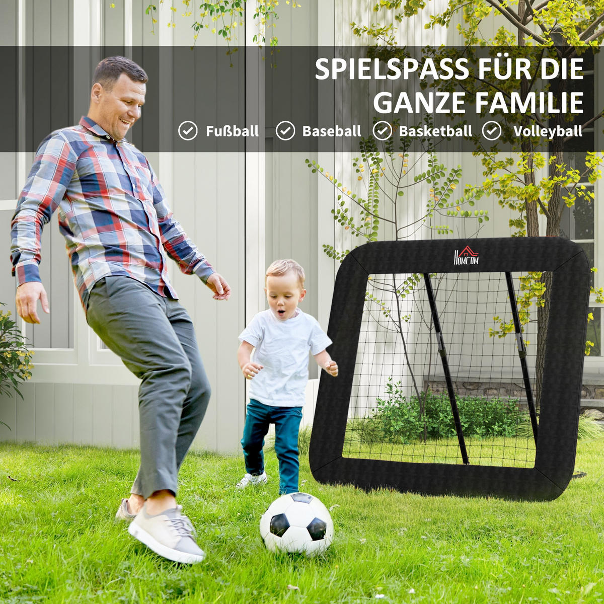 FUßBALL REBOUNDER, Stahl, Schwarz, 128 x 118 x 108-120 cm - Schwarz, Metall (118/128cm) - HOMCOM