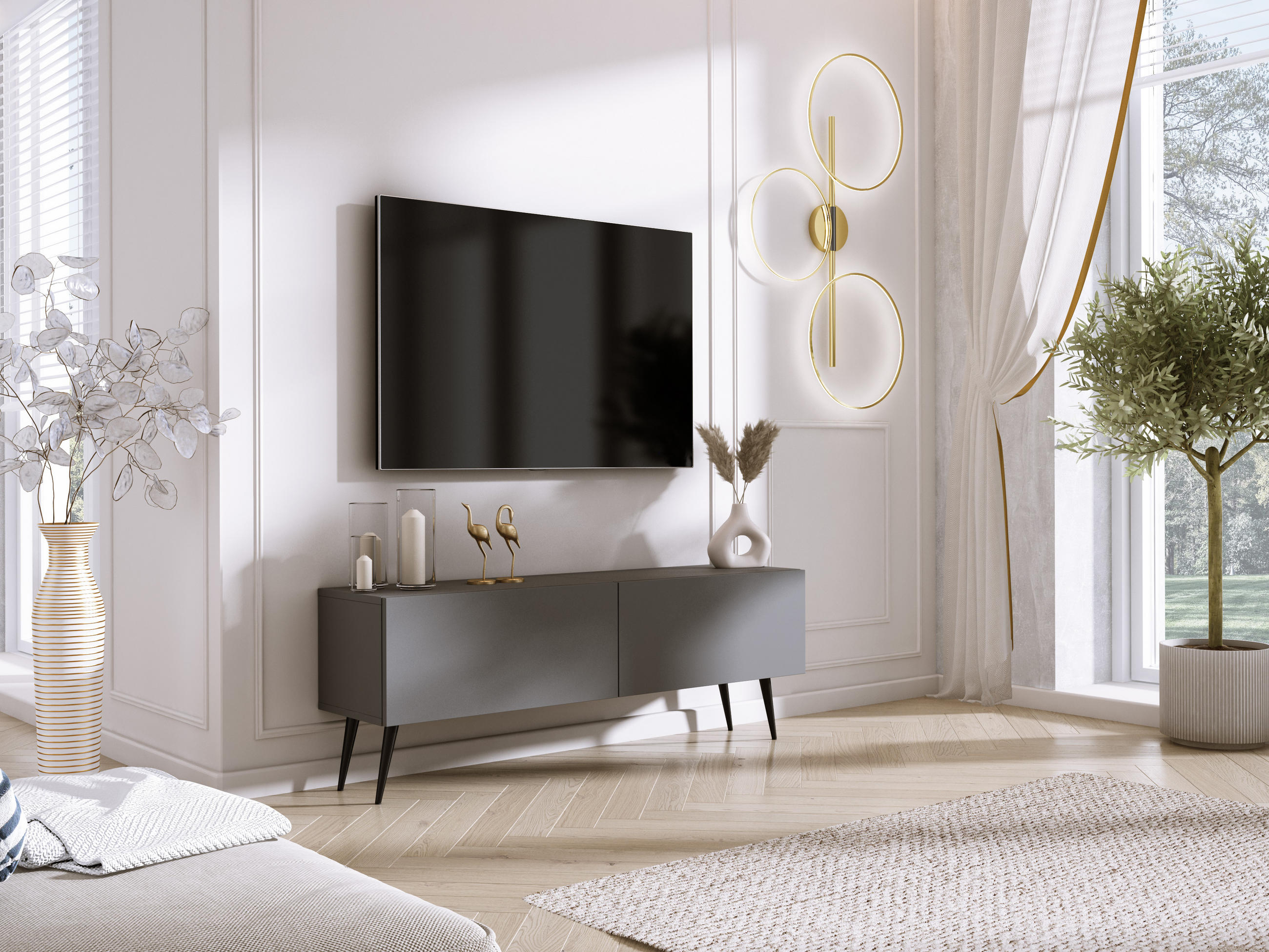 TV-SCHRANK : Anthrazit, Schwarze Beine, 140 x 52 x 32 cm - Anthrazit/Schwarz, Holzwerkstoff/Metall (140/52/32cm) - 3XE LIVING