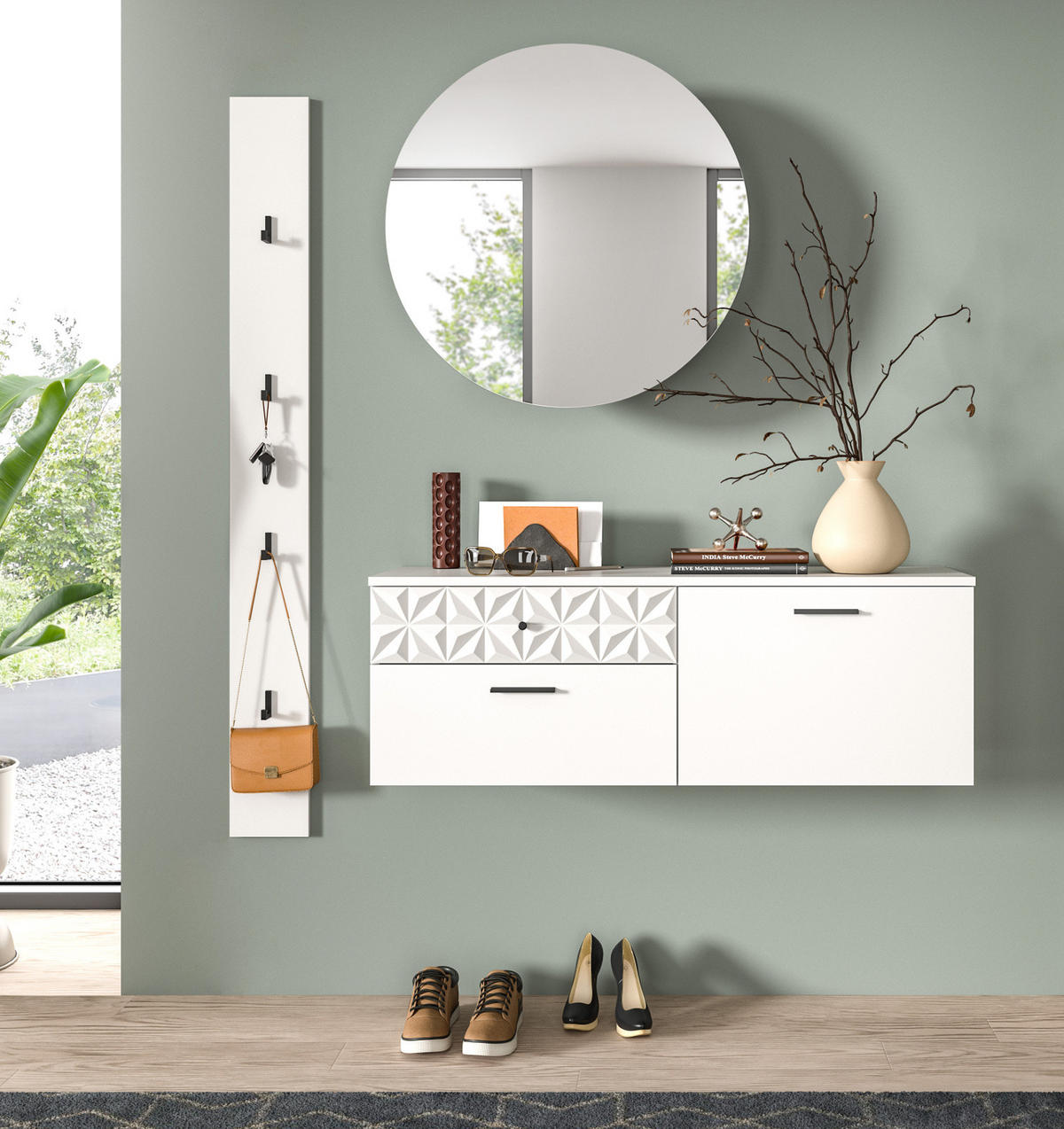 GARDEROBE Set weiß Hochglanz 140 cm, Kombination mit 3D-Struktur - Weiß Hochglanz/Schwarz, Glas/Holzwerkstoff (141/192/34cm) - Inn.Furn