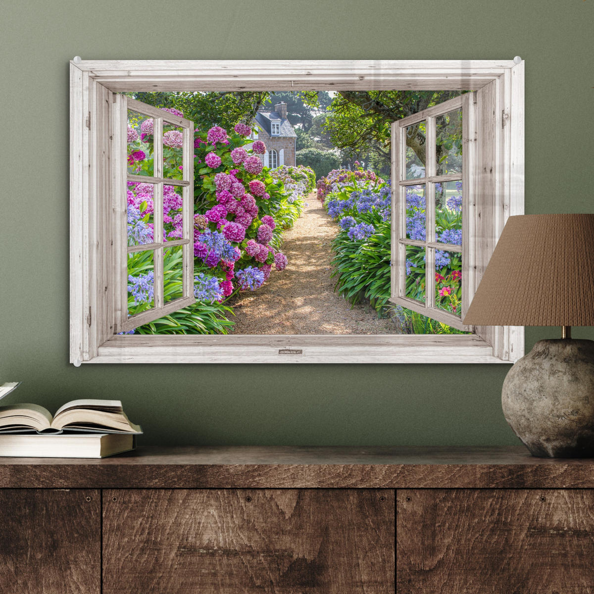 ACRYLGLASBILD Hortensie - Fensterblick - Blumen - Sommer - Lila - Weg 60x40 cm - Lila, Glas (60/40cm) - MuchoWow