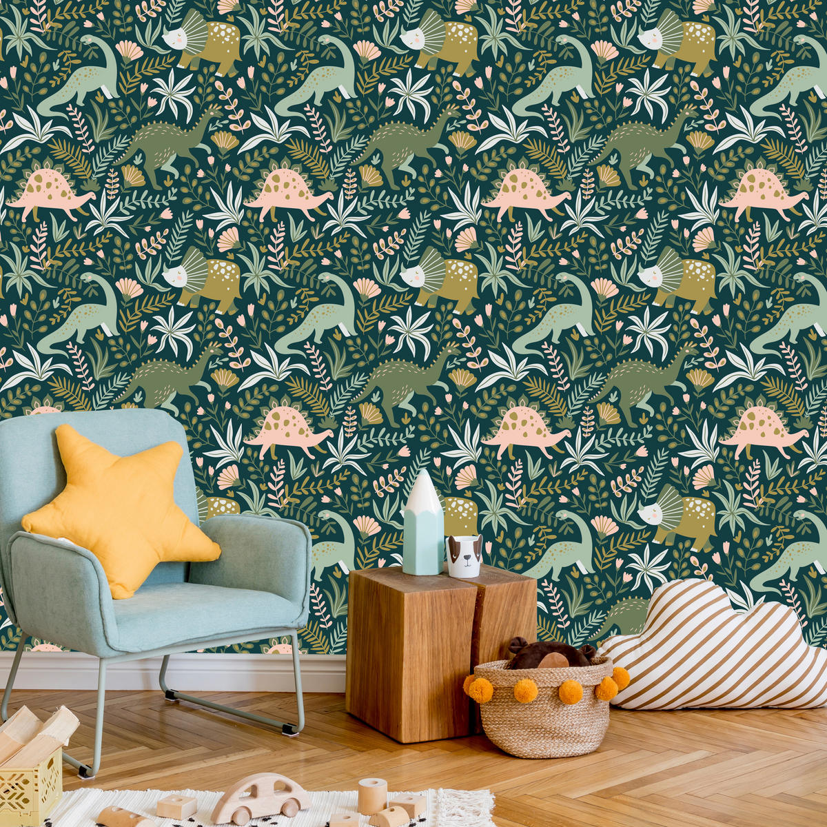 VLIESTAPETE Dinosaurier und Blätter – Grün, Beige, Petrol – 50x1000 cm - Beige/Petrol, Papier (50/1000cm) - Muralo