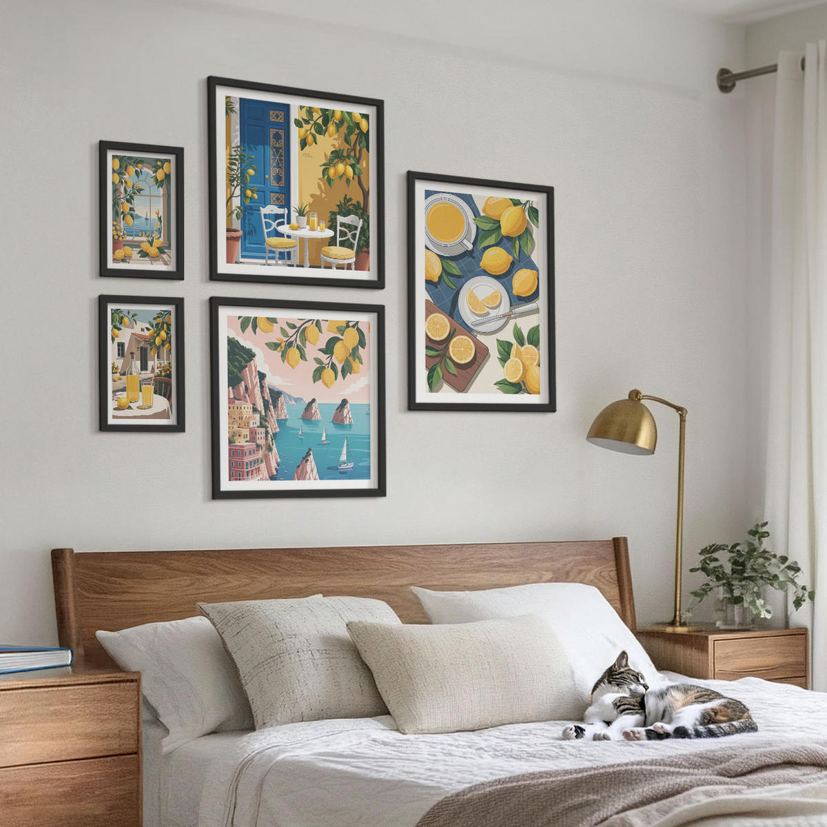 BILDER SET 5er Set - 50x50 cm & 20x30 cm & 40x60 cm Schwarzer Rahmen - Berge, rosa Himmel, Wasser, Sukkulente - Schwarz, Kunststoff (40/60cm) - TULUP