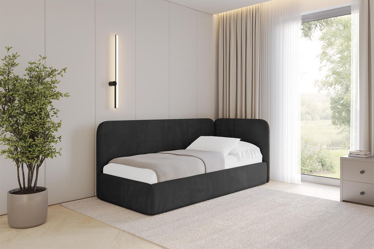 EINZELLBETT Jugendbett mit Bettkasten und Matratze H3/H4, Links - ELSY 100x200 Schwarz - Schwarz, Holzwerkstoff/Textil (100/200cm) - ALTDECOR